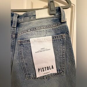 Cassie Pistola Light Wash Blue Super High Rise Straight Jeans.